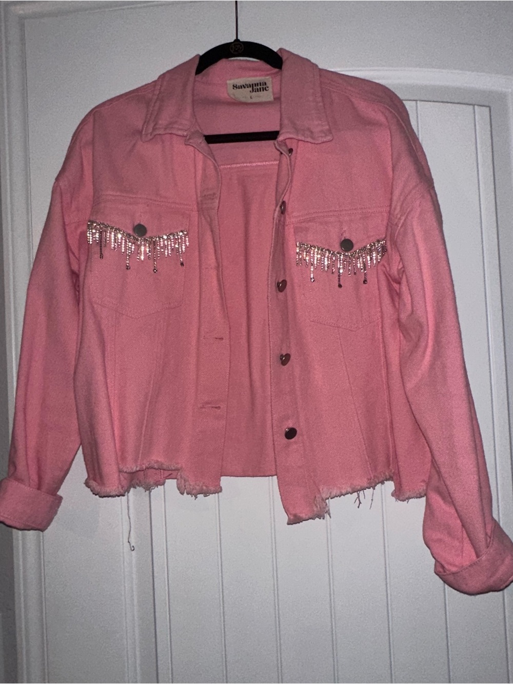 Savanna Jane Pink Denim Jacket with Crystal Fringe
